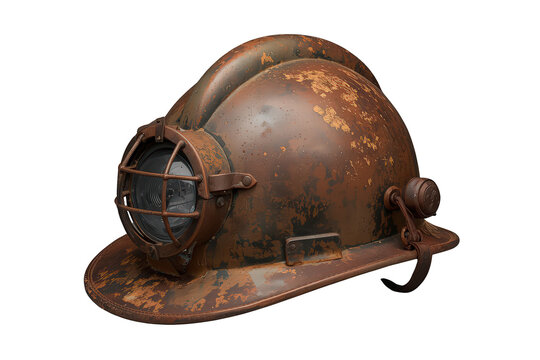 Vintage rusty miner helmet with front lamp for underground work, old industrial safety headwear