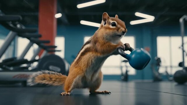 Chipmunk Lifting Kettlebell Happily in Modern Gym Fitness Training Exercise Cinematic Animation