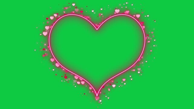 valentines day heart neon light frame with red hearts and glitter shiny stars ongreen screen animation,chroma key romantic social media motion design element