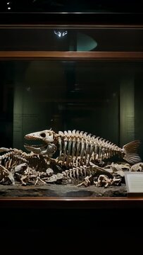 Vertical video: Pulling back camera revealing large fish skeleton in museum gallery, for display