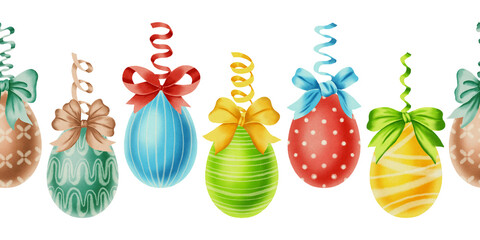 A watercolor illustration, a seamless border with colorful Easter eggs adorned with bright satin bows. A festive spring pattern for Easter designs and greeting cards. Perfect for Easter decor © Elli