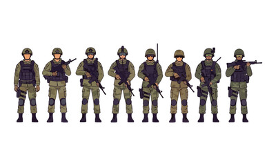 Set of Eight Soldiers in Modern Military Tactical Gear