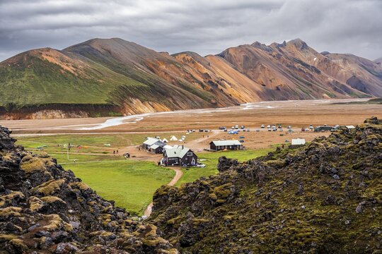 Trekking trail Laugavegur, Landmannalaugar Camp, Dramatic volcanic landscape, Colourful erosion landscape with mountains, Lava field, Landmannalaugar, Fjallabak Nature Reserve, Su&eth;urland, Iceland
