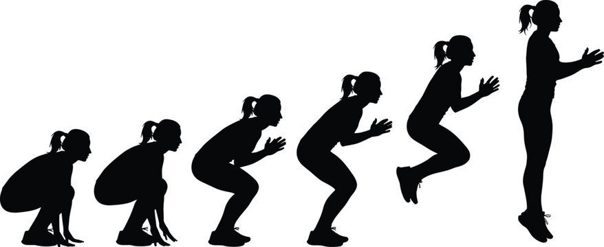 Black silhouettes set of a young woman performing a vertical jump sequence from squatting position to full leap isolated on white background for fitness