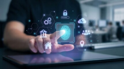 Fototapeta premium A man in a dark shirt touches a glowing fingerprint icon on a tablet screen, encircled by various holographic digital security, smart home, and cloud computing symbols in an office setting.