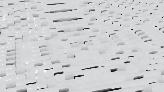 Abstract 3D Motion Design of White Semicylinders Flipping Rhythmatically in Expanding Concentric Wave Patterns Across Dark Gray Plane Futuristic Geometric Background for Editorial Branding Advertising