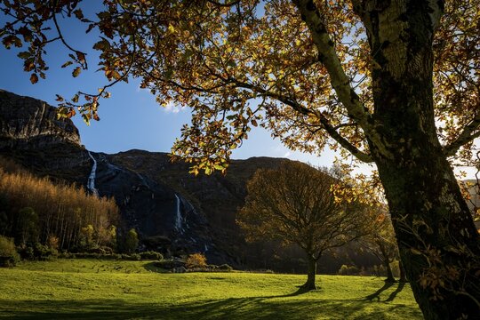 Waterfall in autumn landscape, Gleninchaquin Park, Kenmare, County Kerry, Ireland