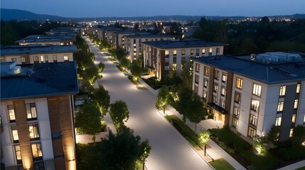 Obraz premium Twilight aerial view of a modern well lit residential development with manicured landscaping and uniform architecture