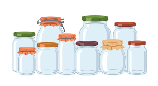 Set of various empty glass storage jars with different sizes and lid types like screw caps and fabric covers for food preservation.