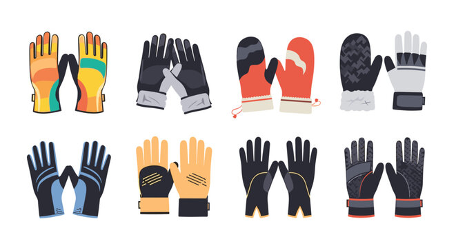 Diverse set of winter gloves and mittens with different patterns and colors for cold weather fashion and protection conceptual designs.