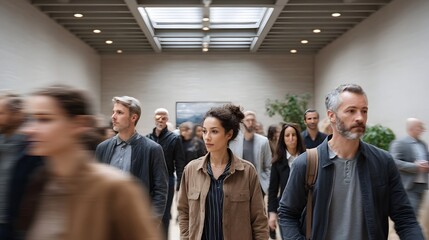 Obraz premium A diverse group of people walk through a modern interior some in focus while others are blurred by motion