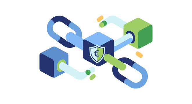 Isometric Blockchain Illustration with Euro Symbol Shield. Secure Digital Finance Network, Cryptocurrency, and Distributed Ledger Technology (DLT) Concept.