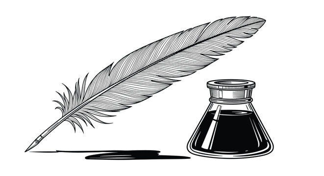 Vintage style drawing of a long feather quill pen and a glass inkwell with a spilled black ink blot on white background.