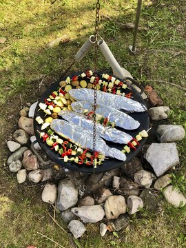 Vegetable skewers and fish wrapped in aluminium foil on a swivel grill over a barbecue fire, dinner, Germany