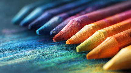 Obraz premium Colorful crayon wax pastel rainbow color art supply creative background closeup macro texture education school abstract design unity community