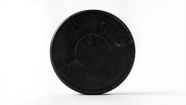 Black Hockey Puck on White Background for Sports Recreation