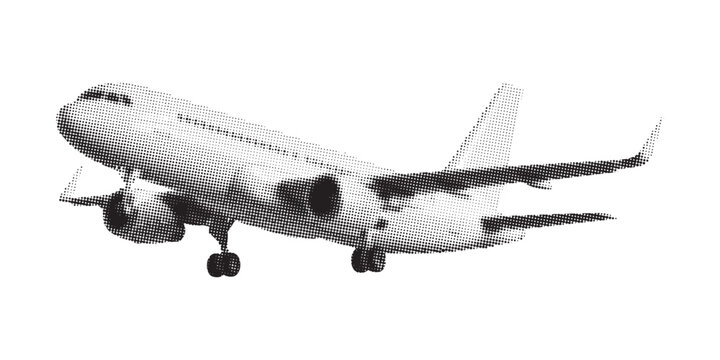 Modern Commercial Airplane halftone texture Taking Off With Landing Gear Down, White Aircraft Isolated On White Background, Travel Concept