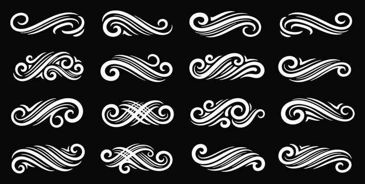Collection of 16 unique white swirling patterns on a black background