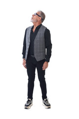 Fototapeta premium Front view of a modern retired man standing and look up on white background