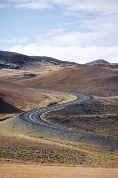 Road winds, Myvatn, Northern Iceland, Iceland