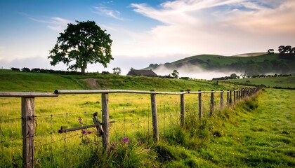 Fototapeta premium Scenic countryside landscape with a wooden fence and a large tree under a cloudy sky.