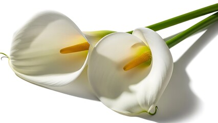 Elegant white calla lilies with delicate yellow centers against a plain background