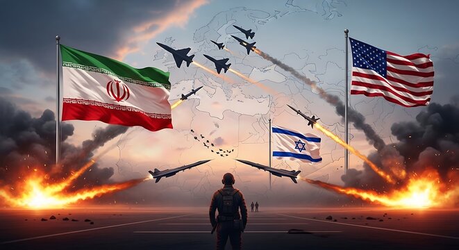 iran vs usa and israel. global geopolitical tension concept with iran vs israel and united states flag and missiles. 