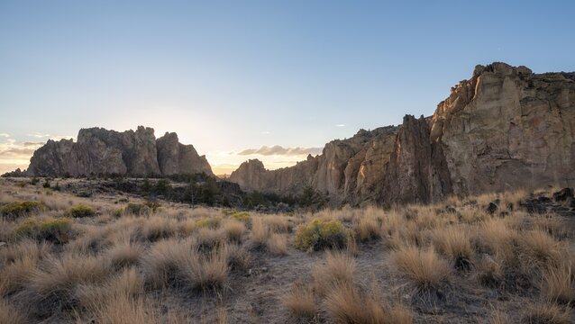 Sunset, Canyon with rock formations, The Red Wall, Smith Rock State Park, Oregon, USA
