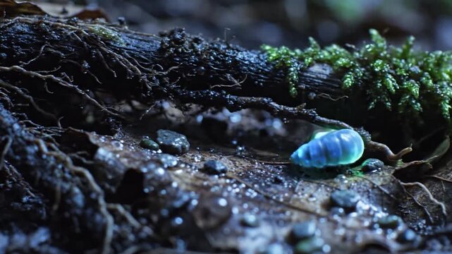 Bioluminescent larva glowing in dark forest floor macro shot.