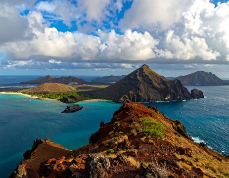 Stunning view of Bartolome Island, Gal?pagos, volcanic landscape and turquoise waters