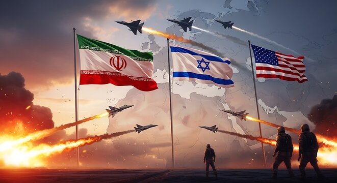iran vs usa and israel. global geopolitical tension concept with iran vs israel and united states flag and missiles. 
