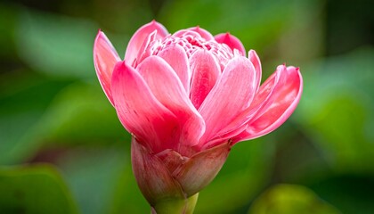 Obraz premium Pink tropical flower with layered petals blooms against blurred green foliage in a close-up botanical study