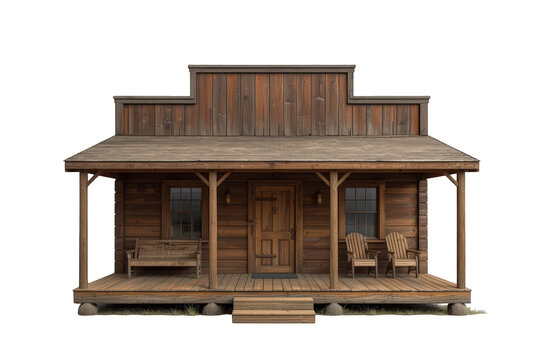Wild west rustic saloon or frontier log cabin building with porch and step on transparent background