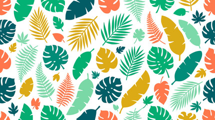 Vibrant tropical leaf pattern with colorful foliage design for decorative use. © Kyle