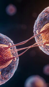 Vertical video: Tethers touching two cells pulling toward orange cores aligning in fluid for signal