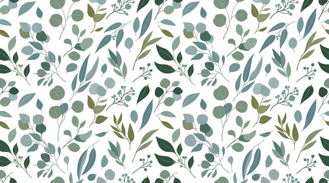 Calm botanical leaf pattern in green and blue hues for seamless wallpaper and decor designs.