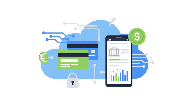 Secure Mobile Banking and Digital Payment System in Cloud Technology. FinTech, Online Transaction Security, and Financial Data Illustration.