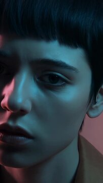 Vertical video: Hand bringing earbud, model inserting and adjusting it at studio, preparing to hear