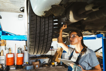 Obraz premium Young adult female mechanic inspecting car in auto repair shop