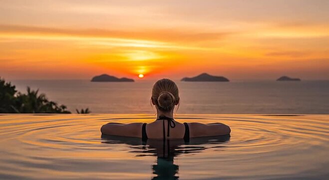 A person in an infinity pool watches the sun set over tropical islands and the ocean