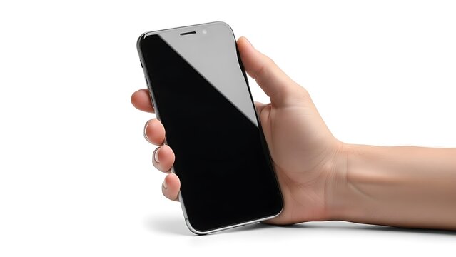 A hand holding a modern smartphone with a cracked screen against a plain background