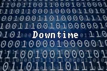 Digital system failure concept showing a pixelated Downtime title over a blue binary background representing inactivity.