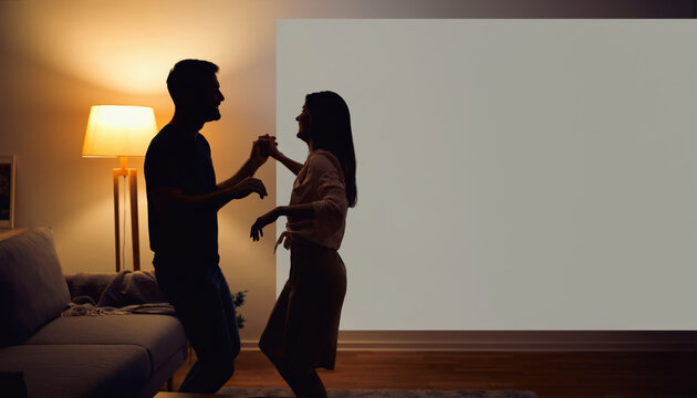Silhouette of couple dancing inside cozy home showing deep emotion and true love. Man and woman express joy and pure romance during warm unposed evening together