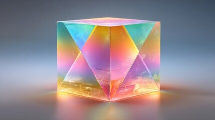 Colorful cube crystal reflecting light in a unique artistic interpretation of life splitting through a prism
