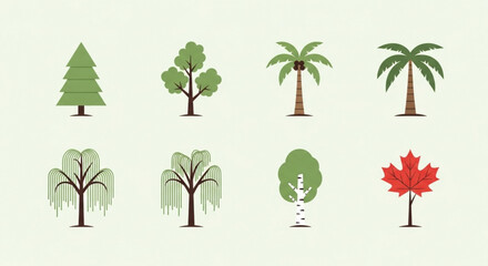 Various tree types in a simple graphic style on a light background