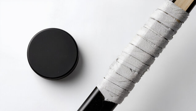 Ice Hockey Equipment: Stick and Puck on White Background