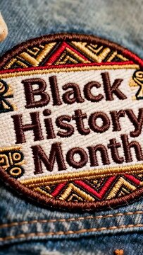 Vertical video: Pulling back camera revealing Black History Month patch on denim, showing threads