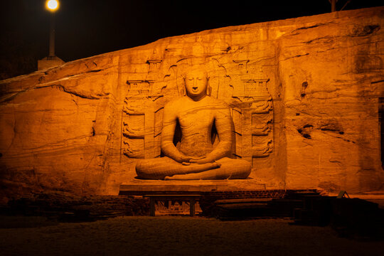 Polonnaruwa Gal Vihara Buddhist Rock Temple at Night, Ancient Reclining Buddha Statue, Sri Lanka 