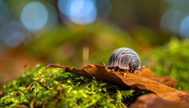 Pill bug on a leaf, set amongst green moss with blurred light bokeh, focusing on small invertebrate in its natural habitat