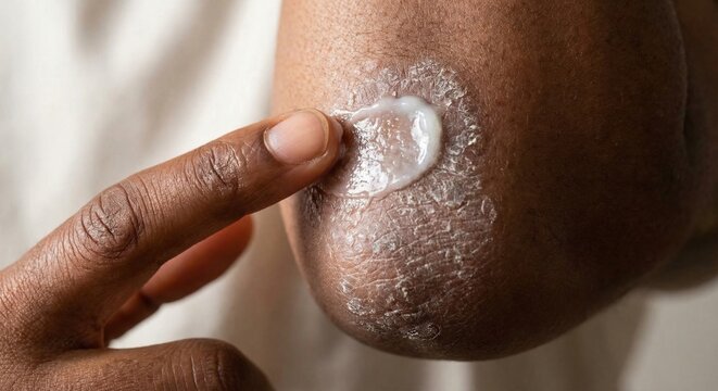 Applying healing ointment to psoriasis on dark skin elbow